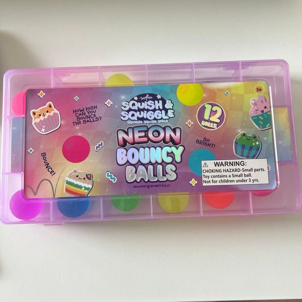 ToyMania Squish and Squiggle Neon Bouncy balls with Carry Case